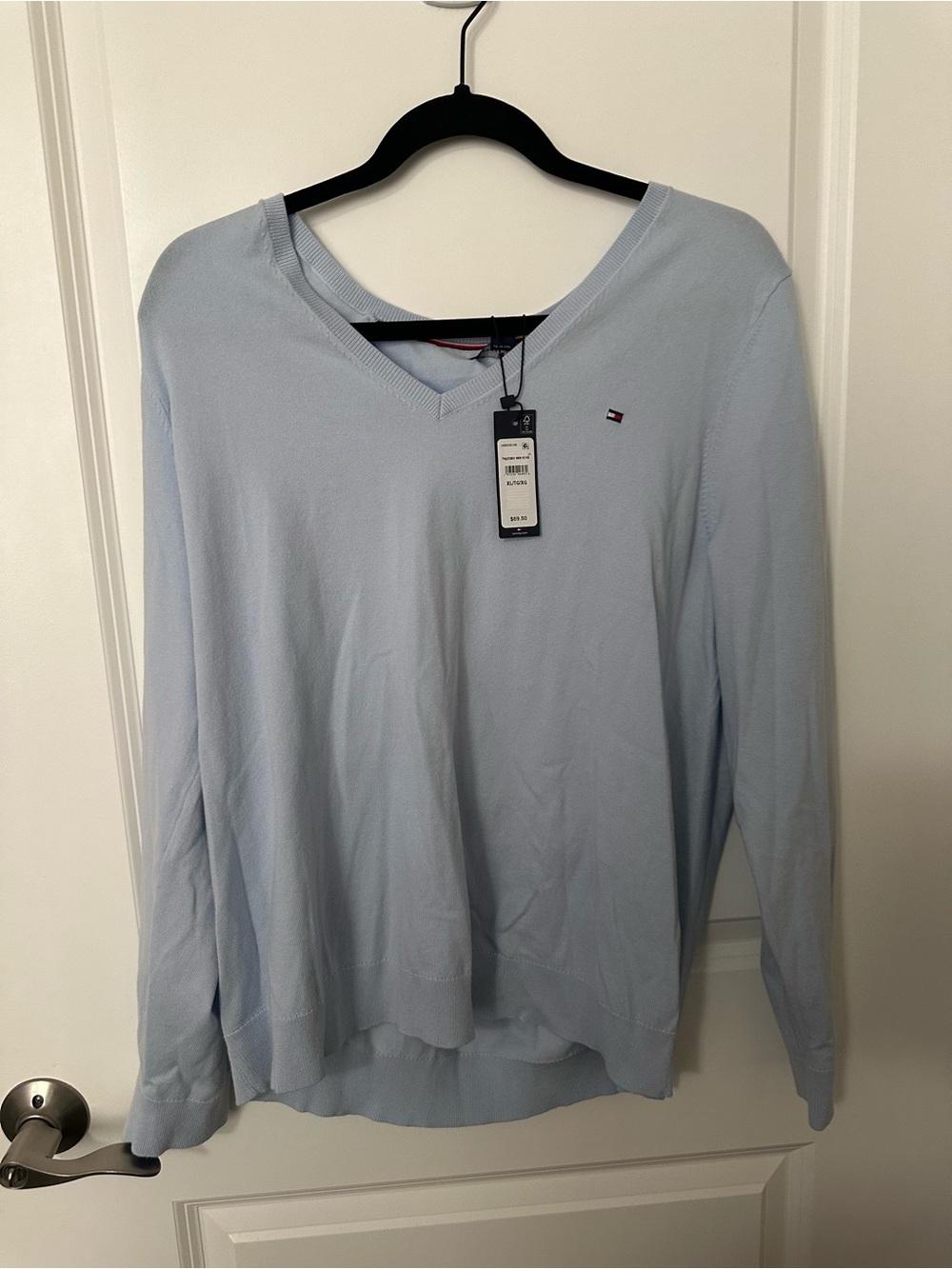 Tommy Hilfiger Pale Blue V-Neck Sweater with Flag Logo